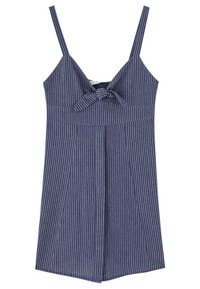 Robe d'été rayée bleu marine avec des bretelles spaghetti, détail en nœud au niveau du décolleté et design de jupe plissée. Tissu en coton avec des rayures texturées.
