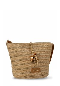 Bolso de paja trenzada en tono marrón con detalles de hilo metálico. Presenta un borlón decorativo y una correa de cuero marrón. Logo de LUNA adjunto.