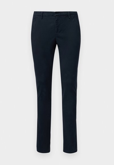 Modri chinos iz mešanice bombaža, s slim fit krojem, stranskimi žepi, nastavki za pas in gladko teksturo brez vidnih vzorcev.