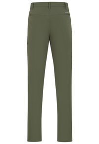 Olivové turistické nohavice so štýlom rovného strihu, ktoré majú dve zadné vrecká a bezpečné bočné vrecko, vyrobené z ľahkej, odolnej tkaniny.