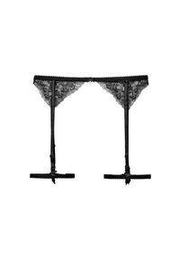Garter belt in pizzo nero con motivi floreali, cinture regolabili e delicati dettagli in nastro, progettato per esaltare l'indossare di calze.