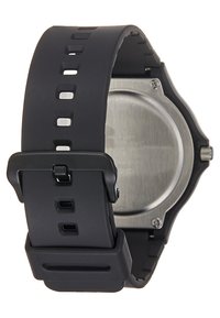 Bracelet de montre en silicone noir avec de multiples trous d'aération, fermoir en métal et fond de boîtier en acier inoxydable. Design épuré et durable.