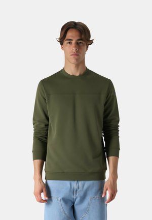 Felpa verde oliva con collo a giro e maniche lunghe, caratterizzata da un design elegante, una texture liscia e polsi a costine.