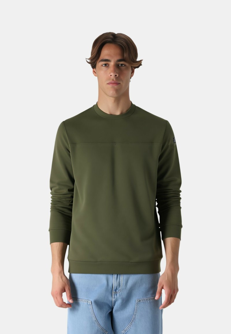 Felpa verde oliva con collo a giro e maniche lunghe, caratterizzata da un design elegante, una texture liscia e polsi a costine.