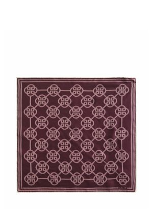Quadratisches Tuch mit wiederholendem geometrischem Knotenmuster in Pink auf dunkelrotem Hintergrund und einem dünnen Doppelrand.