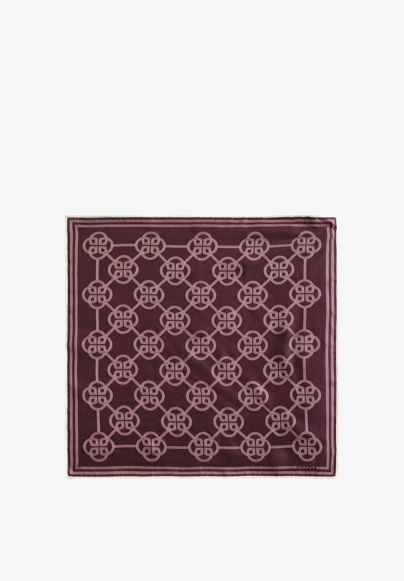 Foulard carré avec un motif répétitif de nœuds géométriques en rose sur un fond bordeaux foncé et une fine double bordure.
