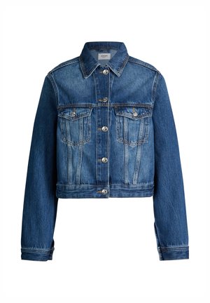 Blaue Jeansjacke mit Knopfverschluss, zwei vorderen Klappentaschen, langen Ärmeln und klassischem Kragen.