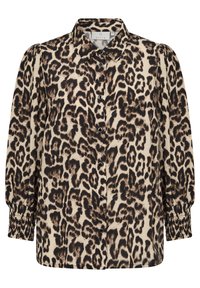 Leopard print button-up shirt in beige and black, made of lightweight fabric, with long puff sleeves and elasticized cuffs.