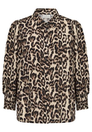Košulja s leopard uzorkom u bež i crnoj boji, izrađena od lagane tkanine, s dugim napuhanim rukavima i elastičnim manžetama.