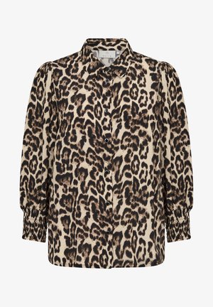 Beige ja musta leopardimustriga nööpidega särk, mis on valmistatud kergest kangast, pika voodil oleva varrukaga ja elastsete mansettidega.