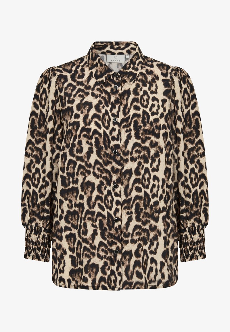 Beige ja musta leopardimustriga nööpidega särk, mis on valmistatud kergest kangast, pika voodil oleva varrukaga ja elastsete mansettidega.