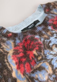 Džemper od pletenine s okruglim izrezom, s cvjetnim uzorkom u crvenoj i plavoj boji na smeđoj pozadini. Svijetloplavi rebrasti ovratnik. Marka: NEXT.