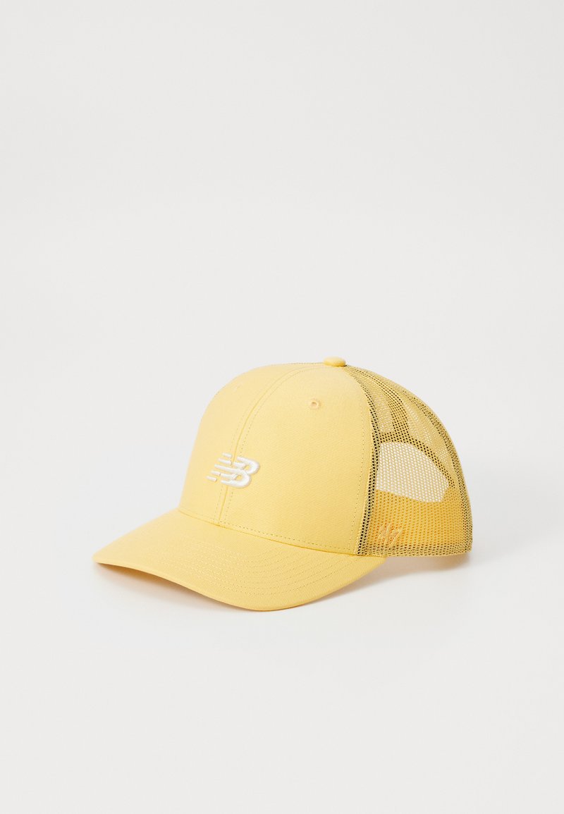 Yellow cap with a solid front and mesh back. Features a stitched logo on the front, curved brim, and button on top.