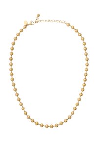 Gold-tone necklace featuring evenly spaced spherical beads, with a chain closure and adjustable length. Smooth texture.