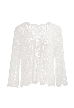 Hvid hæklet blonder cardigan med lange ærmer, bølgede kanter og bindelukning foran.