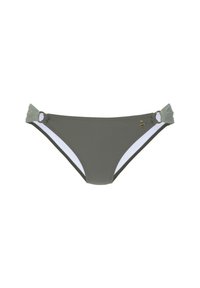 Bikini bottom verde oliva con pannelli laterali bianchi, dettagli annodati e piccoli accessori dorati. Tessuto liscio e design aderente.
