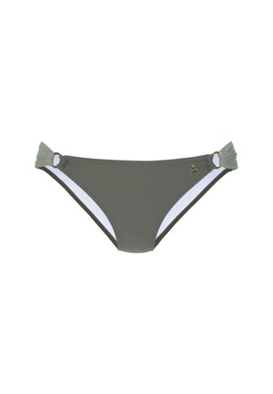 Olijfgroen bikini-bodempje met witte zijkanten, geknoopte accenten en een klein gouden hardwaredetail. Glad materiaal en aansluitend ontwerp.
