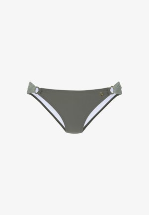 Bikini hlače v olivno zeleni barvi z belimi stranskimi paneli, z vozlanjem in majhnim zlatim okrasnim detajlom. Gladek material in prileganje.