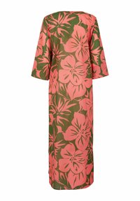 Abito lungo caratterizzato da un vivace motivo floreale rosa su uno sfondo verde. Realizzato in tessuto leggero con maniche ampie e scollatura rotonda.