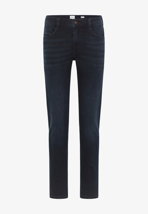 Tumši zilie džinsi ar šauru piegriezumu, piecu kabatu dizainu, pogu aizdari un smalkām tekstūras variācijām papildu detaļām.