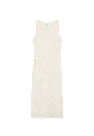Abito midi senza maniche color crema con un delicato motivo in pizzo floreale e una silhouette aderente, mostrato disteso su uno sfondo bianco.
