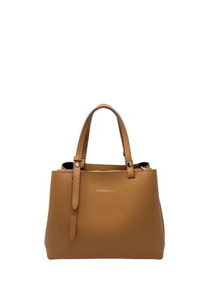 Borsa a mano in pelle marrone con due manici, superficie testurizzata e piccolo logo dorato al centro anteriore.