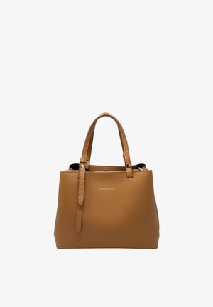 Borsa a mano in pelle marrone con due manici, superficie testurizzata e piccolo logo dorato al centro anteriore.