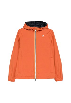 Orange Kapuzenjacke mit Frontreißverschluss, elastischen Bündchen, zwei Seitentaschen und kleinem weißen Logo auf der linken Brust.