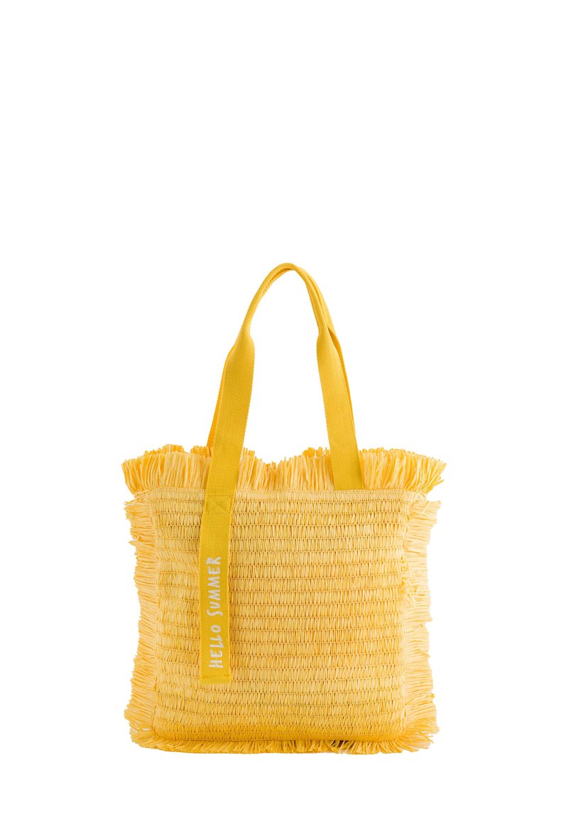 Yellow straw tote bag with fringed edges, featuring two sturdy fabric handles and "HELLO SUMMER" printed on one strap. Lightweight and textured.