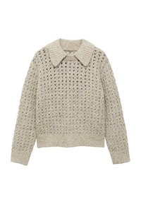 Jasno beżowy sweter dzianinowy o teksturowanym wzorze, z szpiczastym kołnierzem oraz ściągaczami przy mankietach i dolnym brzegu, prezentujący otwarte detale splotu.