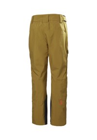 Heren outdoorbroeken in olijfgroen met zwarte verstevigingen aan de binnenkant van de kuit en een klein rood logo bij de linker enkel.