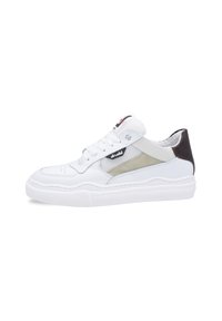 White sneakers with leather and mesh upper, featuring a grey side panel, textured rubber sole, and a brown heel accent.