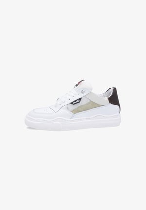 White sneakers with leather and mesh upper, featuring a grey side panel, textured rubber sole, and a brown heel accent.