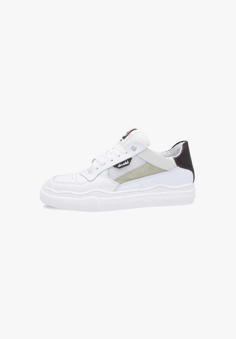 White sneakers with leather and mesh upper, featuring a grey side panel, textured rubber sole, and a brown heel accent.
