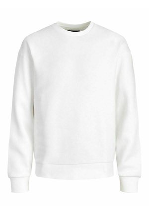 Weißes Rundhals sweatshirt aus Baumwollmischung, mit langen Ärmeln und ribbelten Bündchen und Saum. Glatte Textur ohne sichtbare Muster.