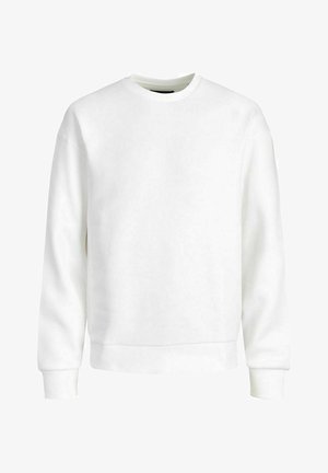 Tricou alb cu guler rotund, dintr-un amestec de bumbac, cu mâneci lungi și manșete și tiv cu margini ondulate. Textură netedă, fără modele vizibile.