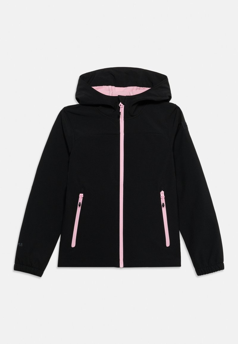 Veste noire à capuche avec fermeture éclair rose clair et accents de poche, manches longues et poignets élastiques, présentée sur fond blanc.