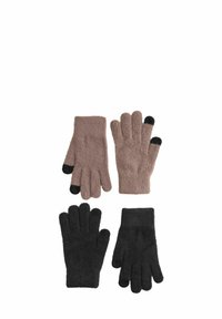 Wollhandschuh-Set: ein Paar in sanftem Braun mit schwarzen Spitzen; ein Paar in einfarbigem Schwarz. Strukturierte Oberfläche, standardmäßige Handschuhform mit fünf Fingern.