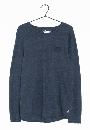 Langärmliges, marineblaues Hemd mit Rundhalsausschnitt, weicher Textur, einer Brusttasche und einem leichten Saumdetail.