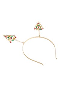 Goudkleurige haarband met twee decoratieve kerstboomaccenten, versierd met rode, groene en gouden details. Flexibele draaddetail.