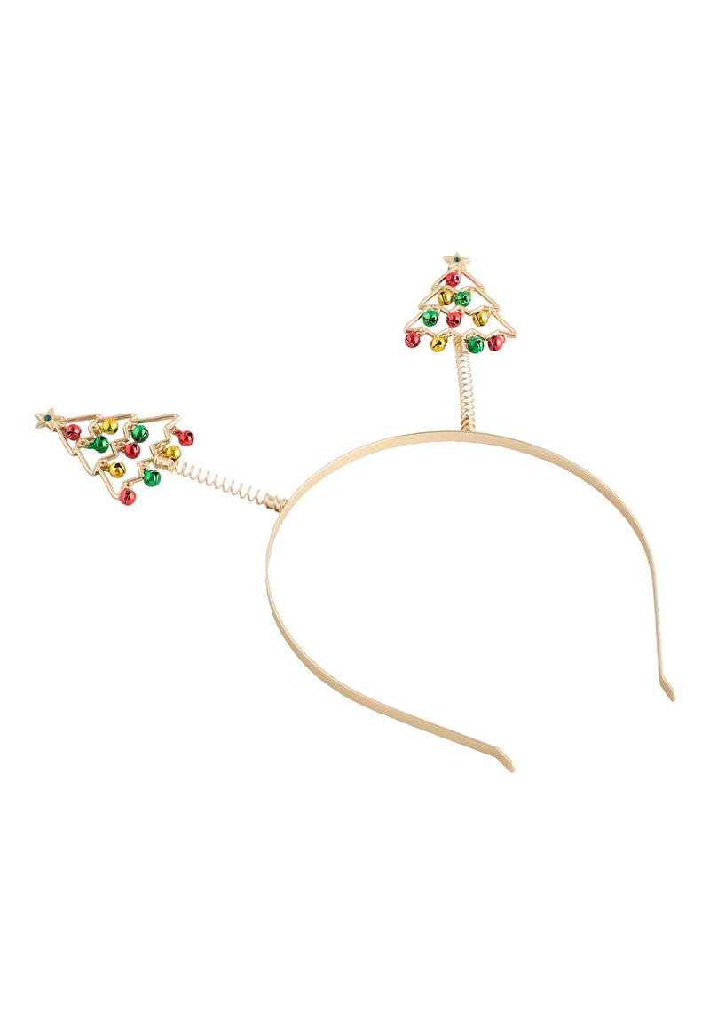Goudkleurige haarband met twee decoratieve kerstboomaccenten, versierd met rode, groene en gouden details. Flexibele draaddetail.
