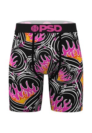 Schwarze Boxer-Slips mit pinken, orangen und weißen Flammen-Herzmustern und einem schwarzen Bund mit auffälliger pinker "PSD"-Beschriftung.