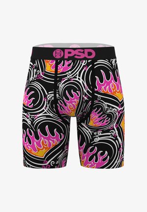 Black boxer briefs with pink, orange, and white flame heart patterns and a black waistband featuring bold pink "PSD" branding.