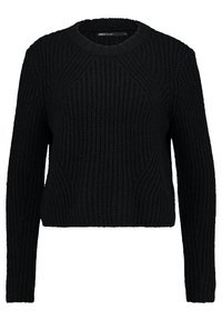 Schwarzer Strickpullover mit rundem Halsauschnitt und langen Ärmeln. Verfügt über ein strukturiertes Muster und ein verkürztes Design. Hergestellt aus einem dicken Garn.