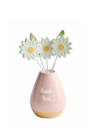 Rosa-beige Keramikvase mit drei weißen, gänseblümchenförmigen Lutschern und zwei grünen, blattförmigen Lutschern mit dem Text "Thank You" auf der Vase.