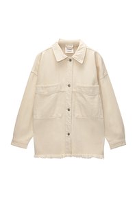 Giacca oversize color crema in denim, con collo a rever, due tasche frontali e orlo sfrangiato. Chiusura con sei bottoni.