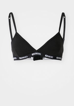 Bralette en coton noir de forme triangulaire, avec des bretelles réglables et une bande élastique pourvue de la marque "DIESEL" en lettres blanches.