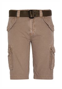 Pantaloni cargo beige in un tessuto resistente, con più tasche laterali, una linea dritta e una cintura regolabile di colore verde scuro.