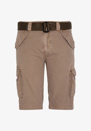 Pantaloni cargo beige in un tessuto resistente, con più tasche laterali, una linea dritta e una cintura regolabile di colore verde scuro.