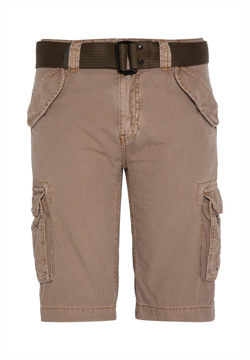 Pantaloni cargo beige in un tessuto resistente, con più tasche laterali, una linea dritta e una cintura regolabile di colore verde scuro.